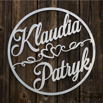 Klaudia & Patryk -duże SREBRNE koło z imionami pary młodej (NA ZAMÓWIENIE) dekoracje ślubne, weselne nr 45