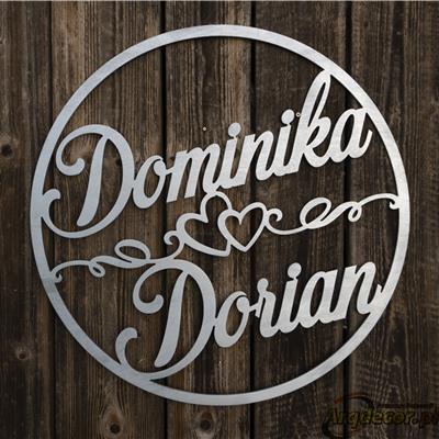 Dominika & Dorian -duże SREBRNE koło z imionami pary młodej (NA ZAMÓWIENIE) dekoracje ślubne, weselne nr 36
