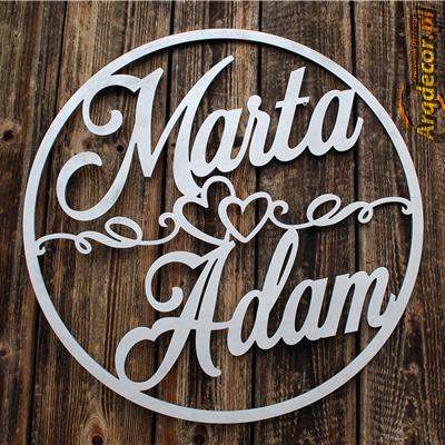 Marta & Adam-duże SREBRNE koło z imionami pary młodej (NA ZAMÓWIENIE) dekoracje ślubne, weselne nr 27